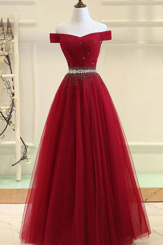 Burgundy Prom Dress Tulle Off the Shoulder Long Evening Dress