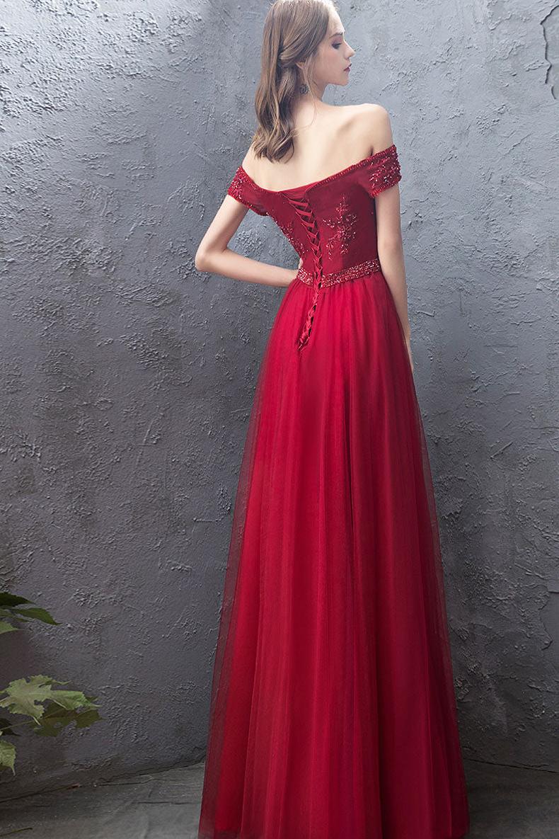 Burgundy Prom Dress Tulle Off the Shoulder Long Formal Evening Dress