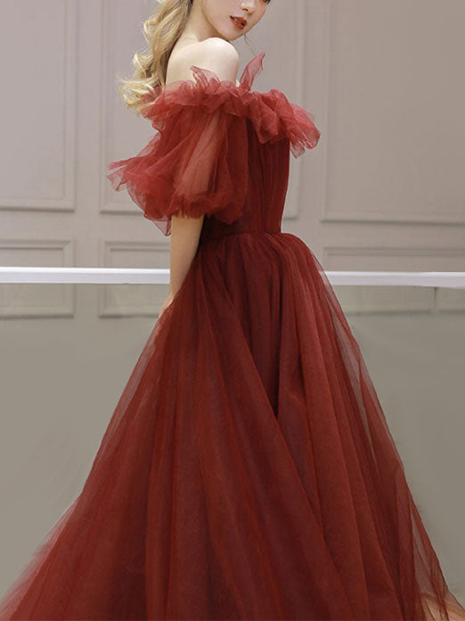 Burgundy Prom Dress Tulle Off the Shoulder Long Formal Gown Evening Dress