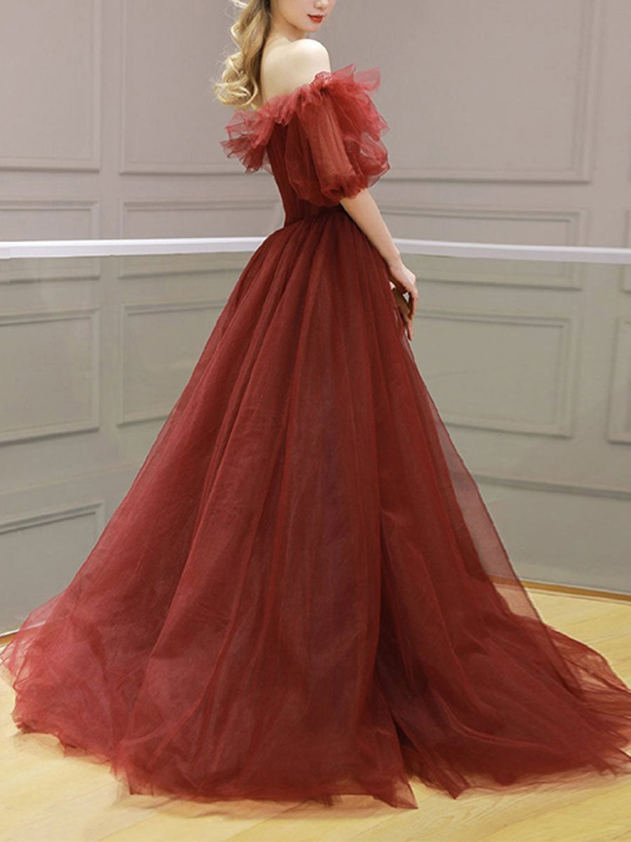 Burgundy Prom Dress Tulle Off the Shoulder Long Formal Gown Evening Dress