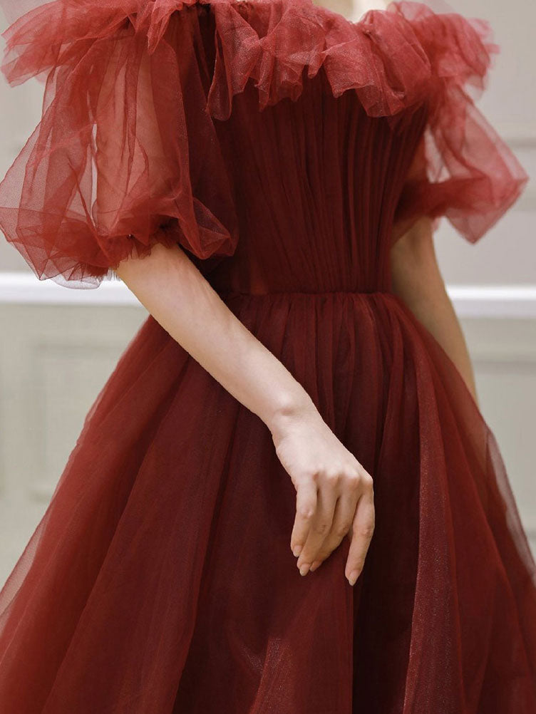 Burgundy Prom Dress Tulle Off the Shoulder Long Formal Gown Evening Dress