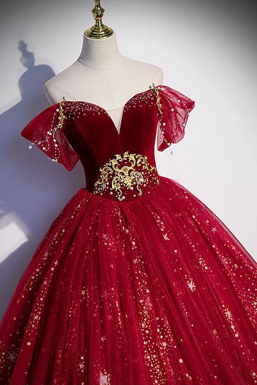 Burgundy Prom Dress Tulle Sequin Long Formal Dress Evening Dress