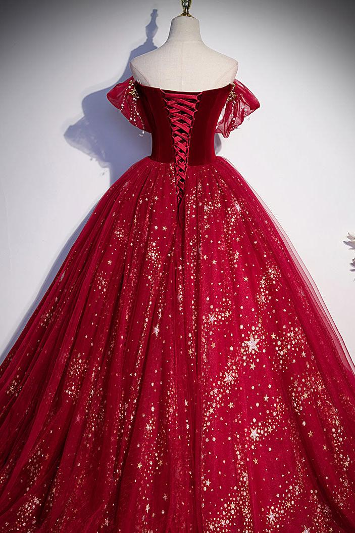 Burgundy Prom Dress Tulle Sequin Long Formal Dress Evening Dress