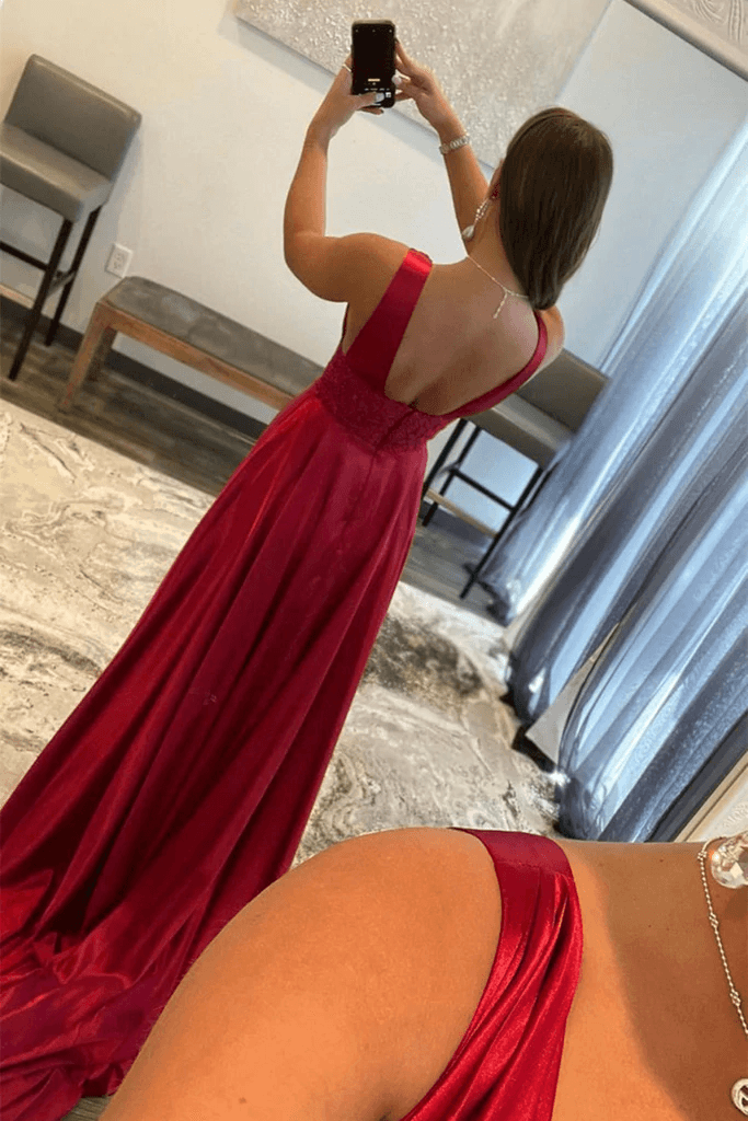 Burgundy Prom Dress V Neck Lace Long Evening Dress with High Split