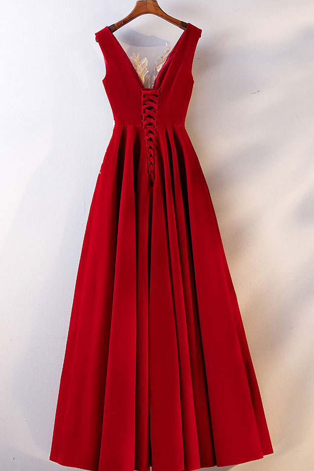 Burgundy Prom Dress V Neck Lace Long Formal Gown Evening Dress