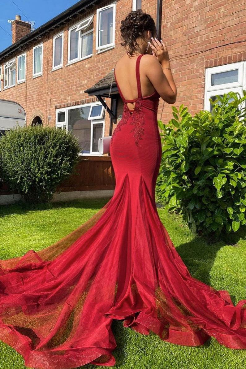 Burgundy Prom Dress V Neck Lace Mermaid Long Evening Dress