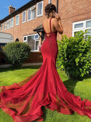 Burgundy Prom Dress V Neck Lace Mermaid Long Evening Dress