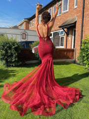 Burgundy Prom Dress V Neck Lace Mermaid Long Evening Dress