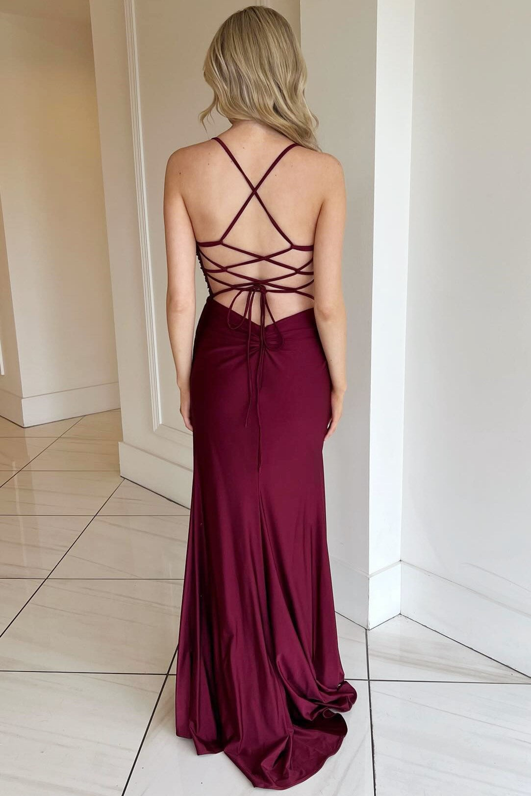 Burgundy Prom Dress V Neck Lace Up Long Formal Evening Dress with Split