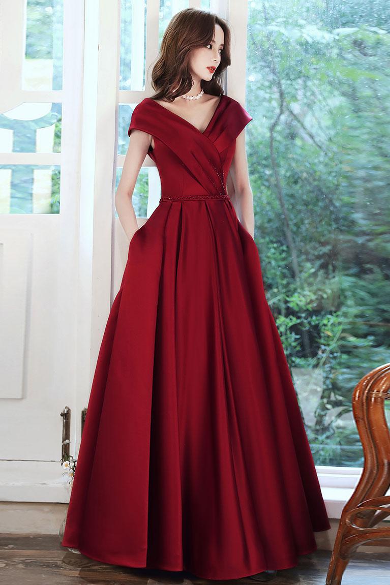 Burgundy Prom Dress V Neck Satin Long Formal Evening Dress