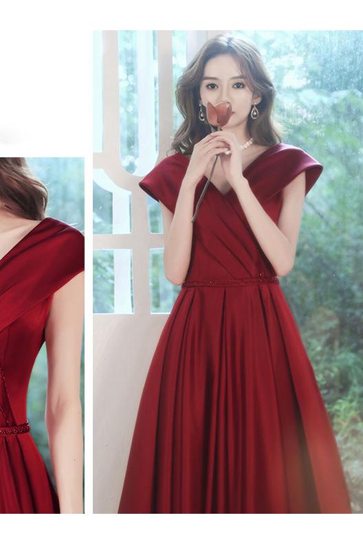Burgundy Prom Dress V Neck Satin Long Formal Evening Dress