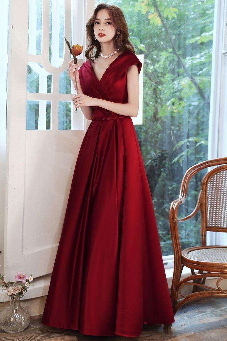 Burgundy Prom Dress V Neck Satin Long Formal Evening Dress