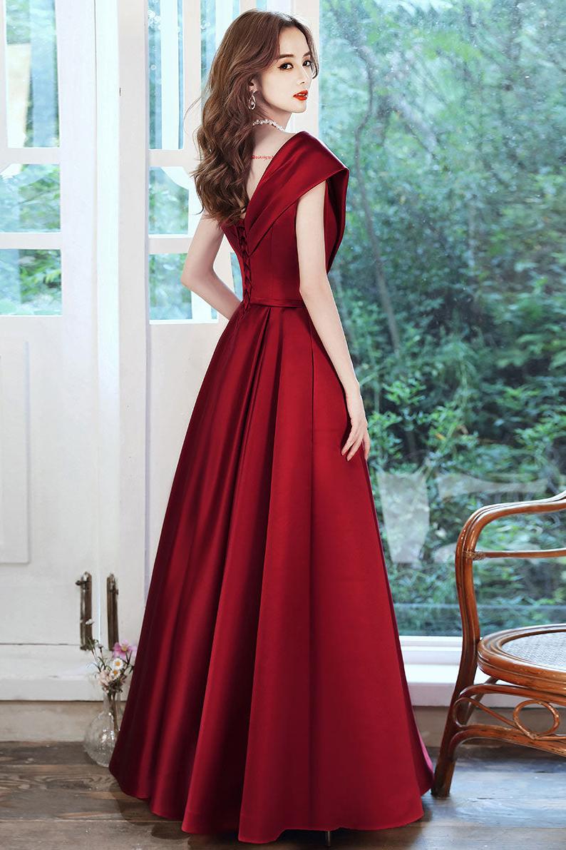 Burgundy Prom Dress V Neck Satin Long Formal Evening Dress
