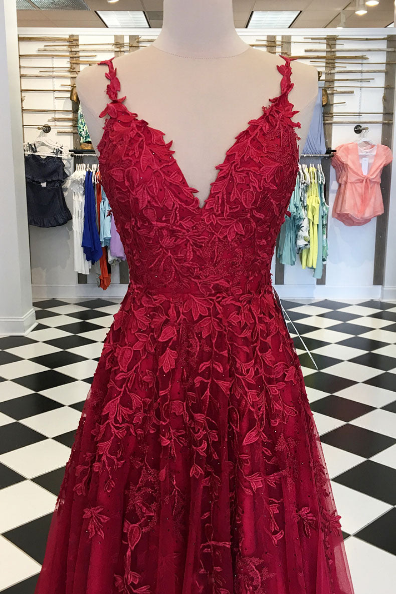 Burgundy Prom Dress V Neck Tulle Lace Long Evening Dress