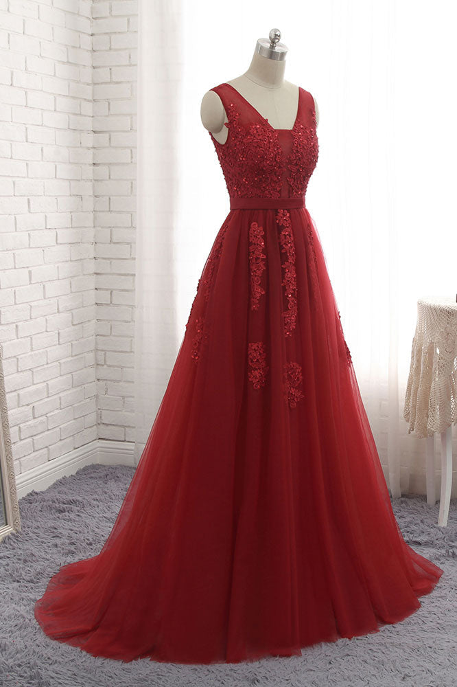 Burgundy Prom Dress V Neck Tulle Lace Long Evening Gown Evening Dress