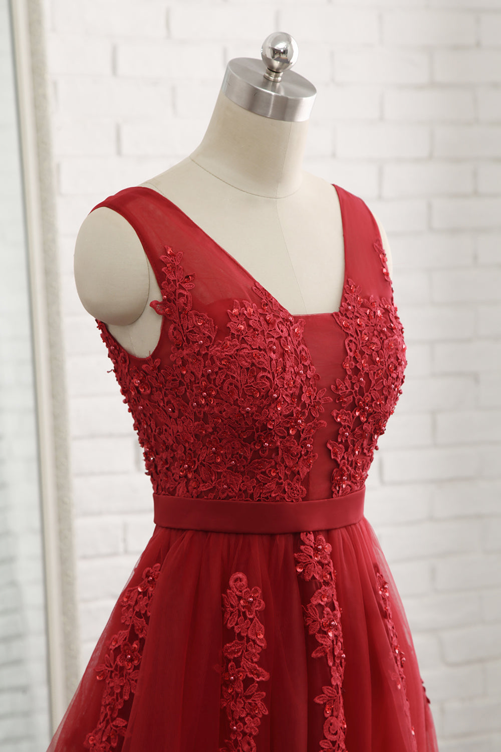 Burgundy Prom Dress V Neck Tulle Lace Long Evening Gown Evening Dress