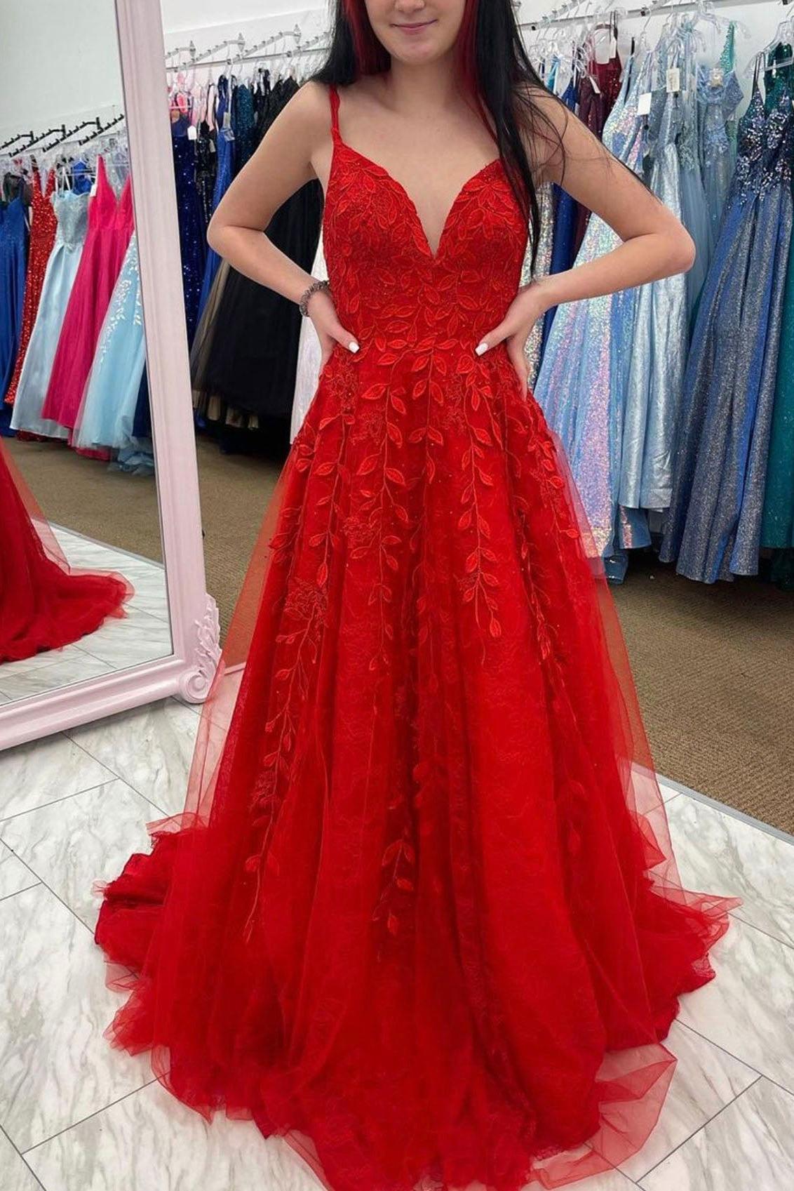 Burgundy Prom Dress V Neck Tulle Lace Long Formal Dress Evening Dress