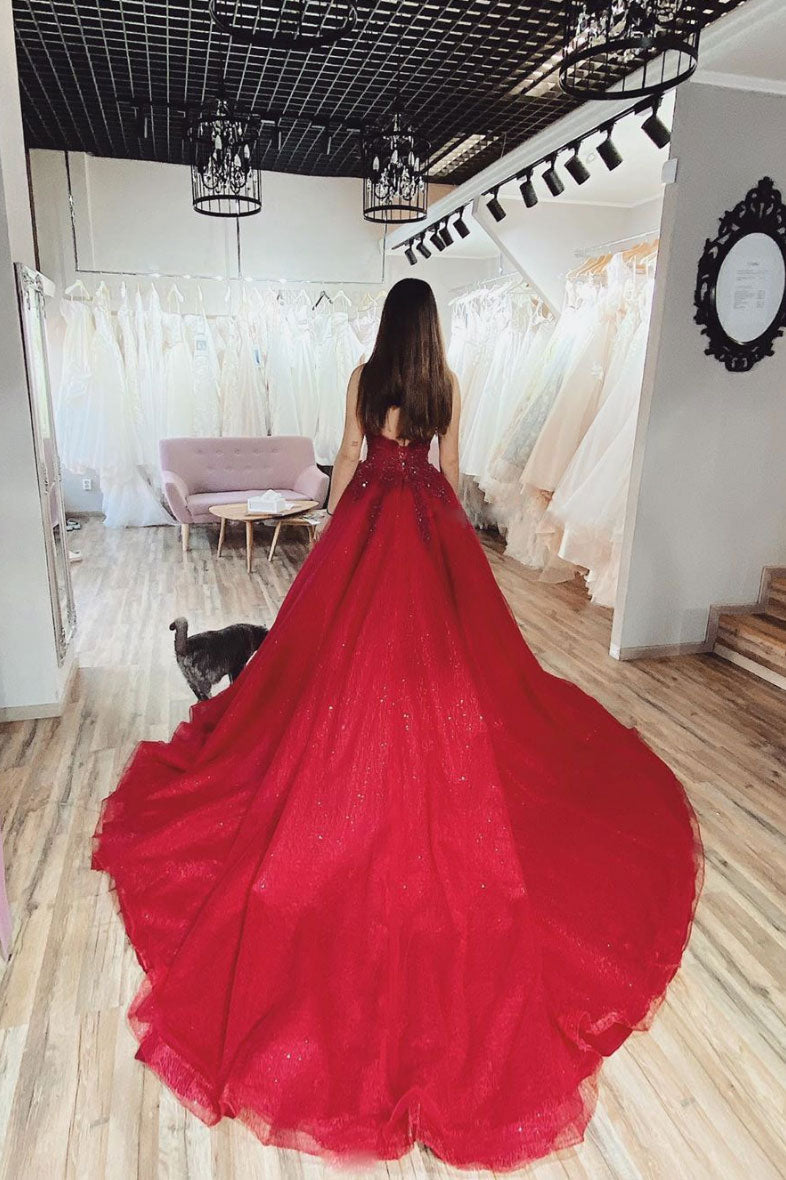 Burgundy Prom Dress V Neck Tulle Lace Long Formal Dress Evening Dress