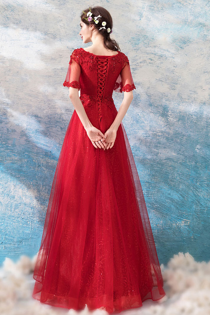 Burgundy Prom Dress V Neck Tulle Lace Long Formal Dress Evening Dress