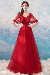 Burgundy Prom Dress V Neck Tulle Lace Long Formal Dress Evening Dress