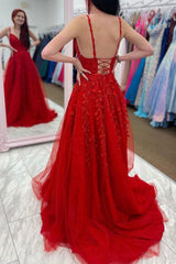 Burgundy Prom Dress V Neck Tulle Lace Long Formal Dress Evening Dress