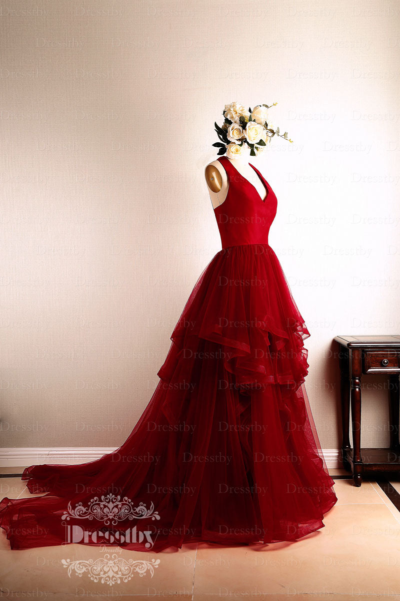 Burgundy Prom Dress V Neck Tulle Long Evening Dress