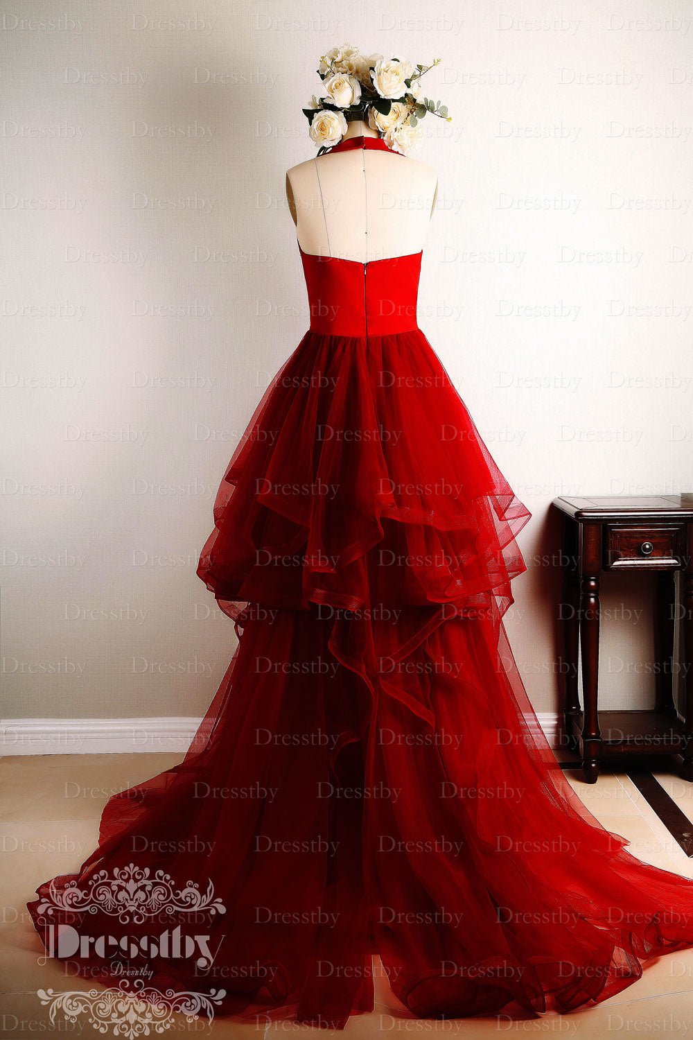 Burgundy Prom Dress V Neck Tulle Long Evening Dress