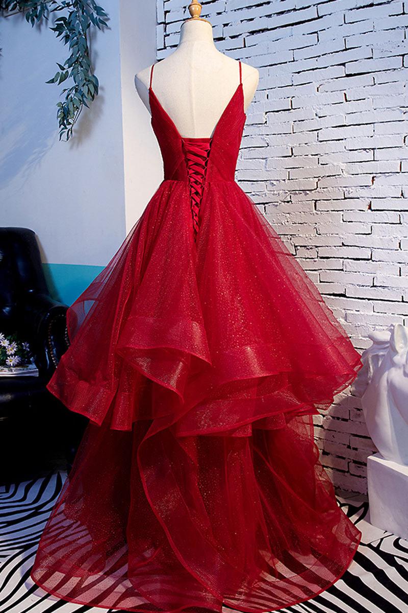 Burgundy Prom Dress V Neck Tulle Long Formal Evening Dress