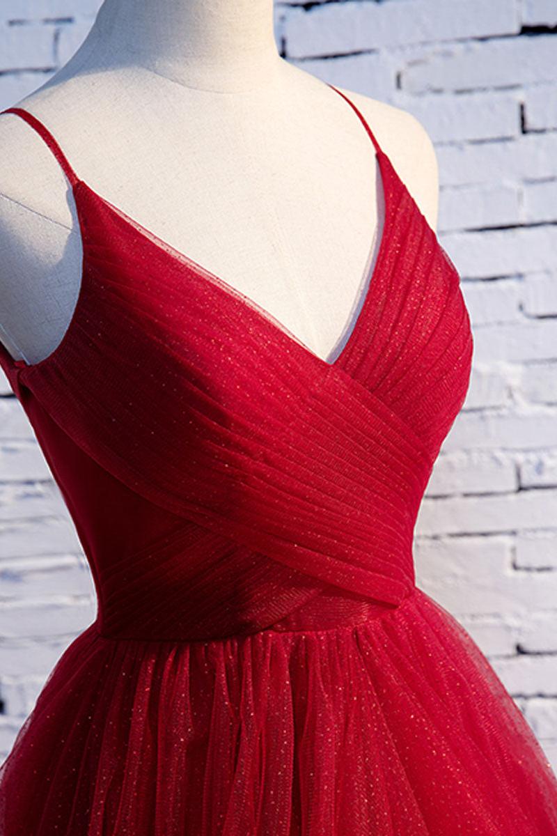 Burgundy Prom Dress V Neck Tulle Long Formal Evening Dress