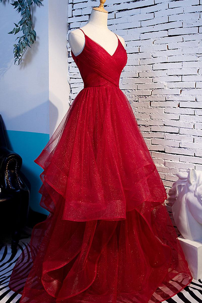 Burgundy Prom Dress V Neck Tulle Long Formal Evening Dress