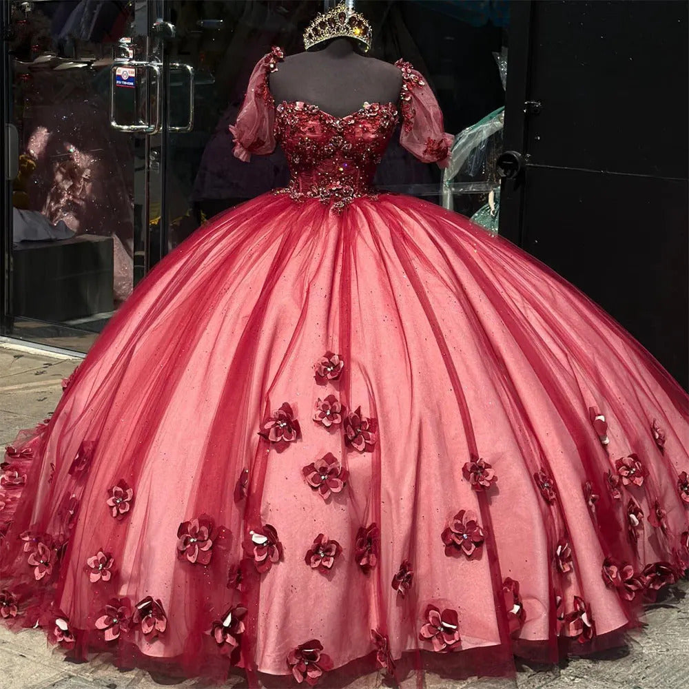 Burgundy Red Quinceanera Dresses 3D Flower Sweetheart Appliques Tulle Princess Ball Gown Sweet 15 16 Dresses