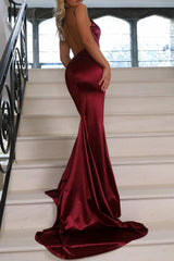 Dressystars Burgundy Satin Spaghetti Strap Mermaid Prom Dress With Open Back Formal Evening Gown