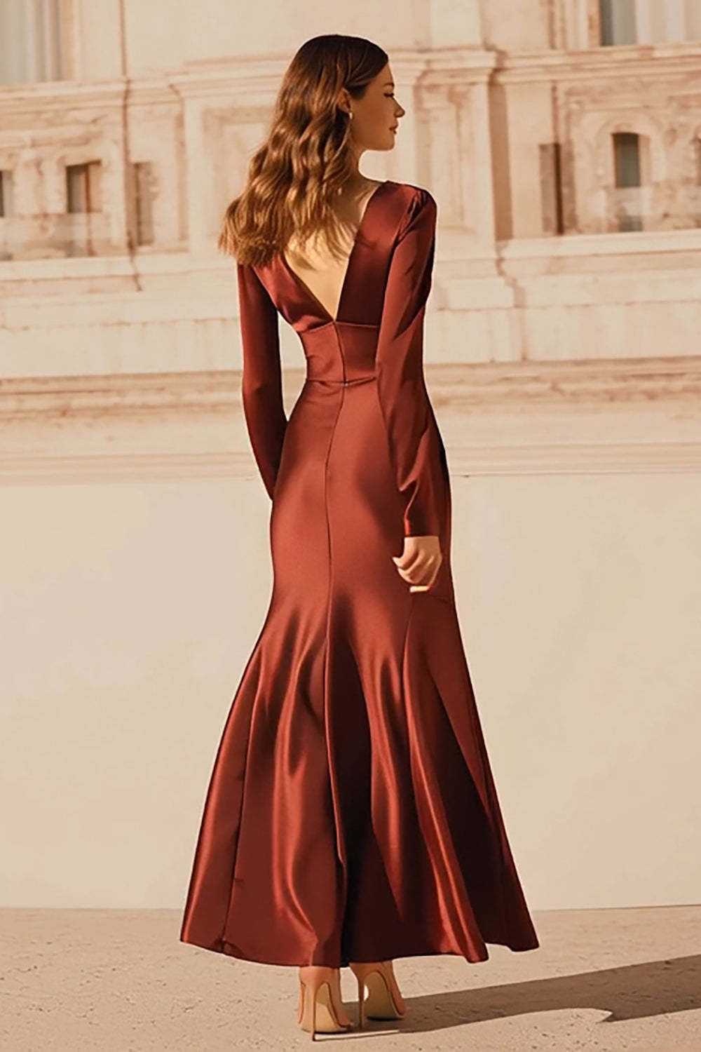 Dressystars Burgundy Satin V-Neck Mermaid Long Sleeves Evening Dress With Ruffles