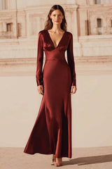 Dressystars Burgundy Satin V-Neck Mermaid Long Sleeves Evening Dress With Ruffles