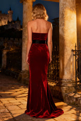 Dressystars Burgundy Strapless Mermaid Long Velvet Holiday Party Dress With Bow