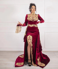 Burgundy Velvet Christmas Party Dress Lace Appliques Long Sleeve Formal Dress With Detachable Train