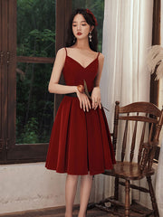 Burgundy Velvet Cocktail Dress V Neck Short Party Dress