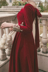 Burgundy Velvet Dress Long Sleeve Lace Appliqued Wedding Evening Dress