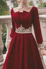 Burgundy Velvet Dress Long Sleeve Lace Appliqued Wedding Evening Dress