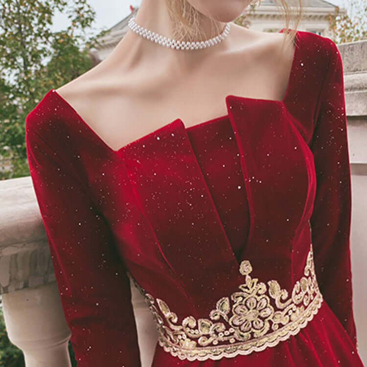 Burgundy Velvet Dress Long Sleeve Lace Appliqued Wedding Evening Dress