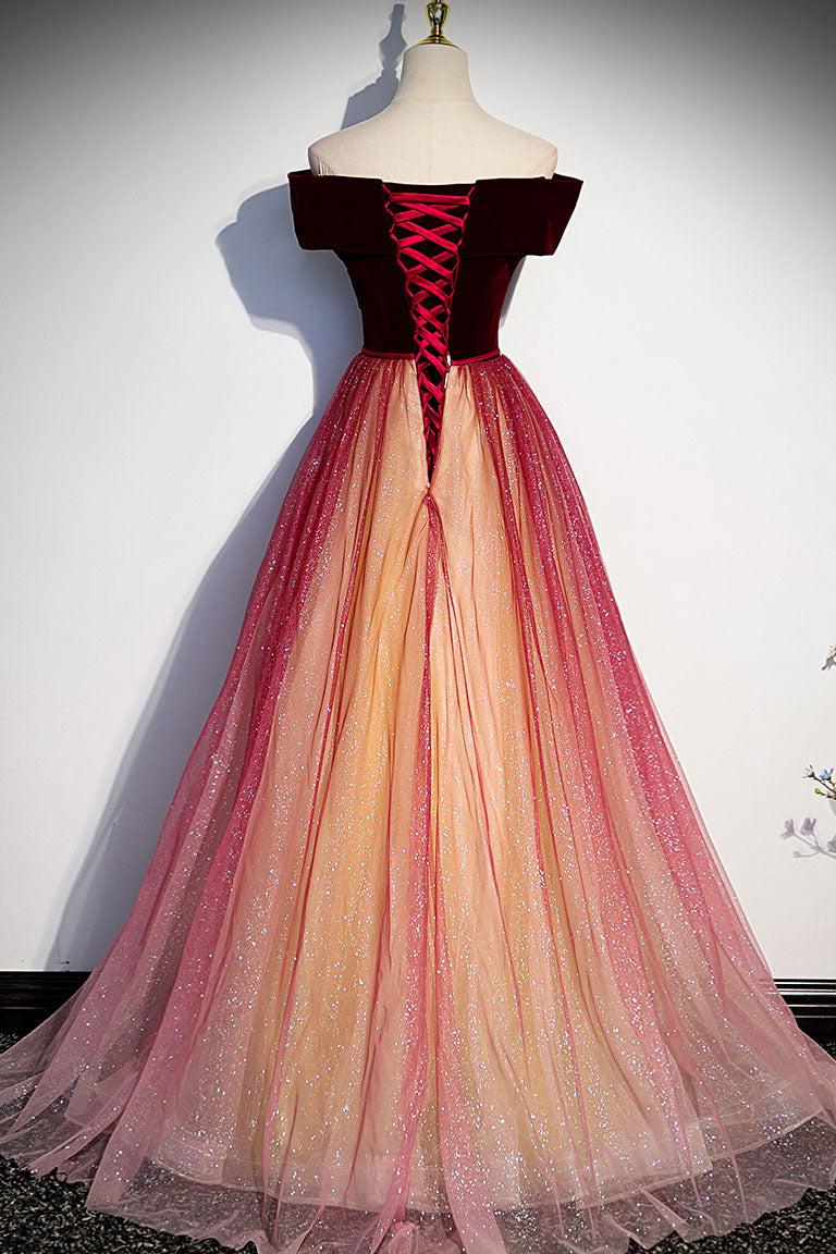 Burgundy Velvet Formal Dress A Line Tulle Sequin Long Christmas Party Dress