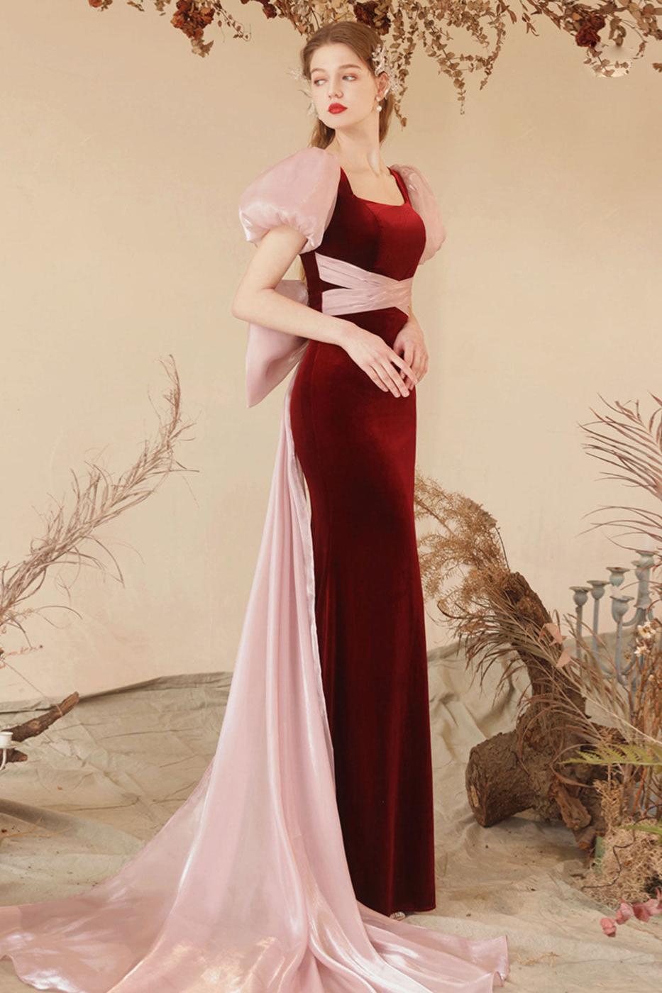 Burgundy Velvet Formal Dress Mermaid Long Christmas Party Dress