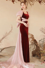 Burgundy Velvet Formal Dress Mermaid Long Christmas Party Dress