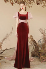 Burgundy Velvet Formal Dress Mermaid Long Christmas Party Dress