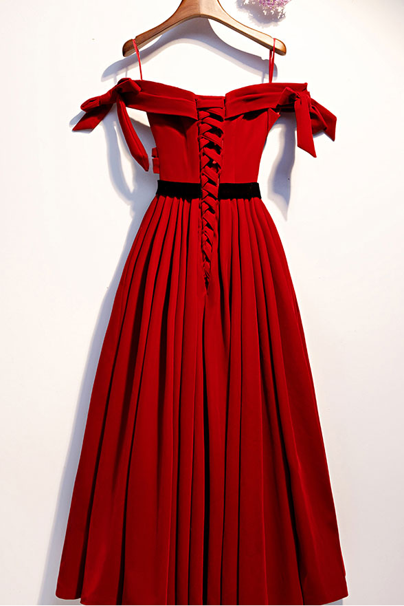 Burgundy Velvet Formal Dress Tea Length Evening Dress
