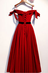 Burgundy Velvet Formal Dress Tea Length Evening Dress