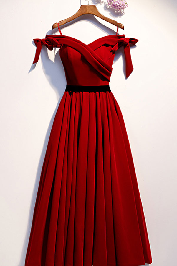 Burgundy Velvet Formal Dress Tea Length Evening Dress