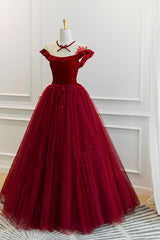 Burgundy Velvet Formal Dress Tulle Lace Long Evening Dress