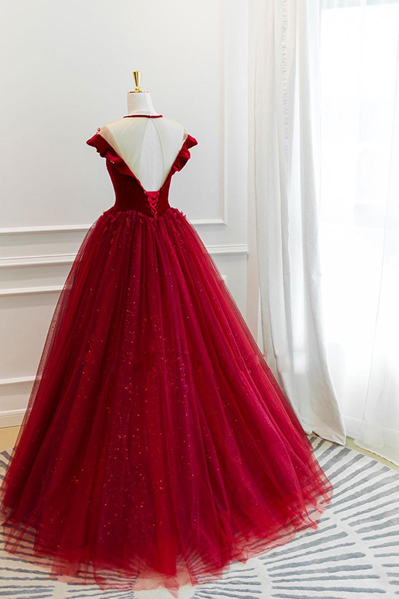 Burgundy Velvet Formal Dress Tulle Lace Long Evening Dress