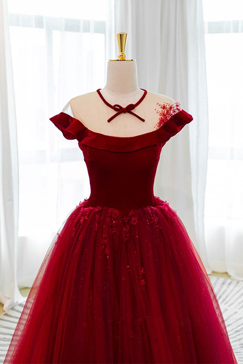 Burgundy Velvet Formal Dress Tulle Lace Long Evening Dress